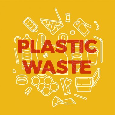 Yukarı düz Plastik Atık afiş veya plastik ambalaj, blisters, şişeler, kapaklar, küçük plastik enkaz ve tıknaz başlık ile görsel. Vektör çevre kirliliği temalı illüstrasyon