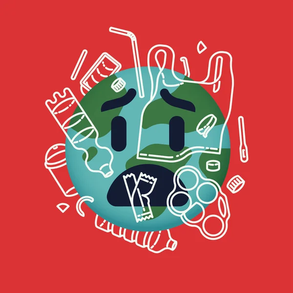 Wereldwijde Omgeving Kunststof Vervuiling Platte Vector Illustratie Met Planeet Emoji — Stockvector