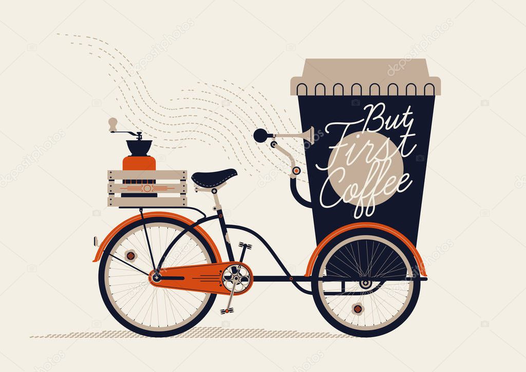 Elegant retro styled figurative vector illustration of take away coffee as giant paper coffee cup bicycle cart with lid, coffee grinder on rack and handwritten lettering. Coffee lovers themed art