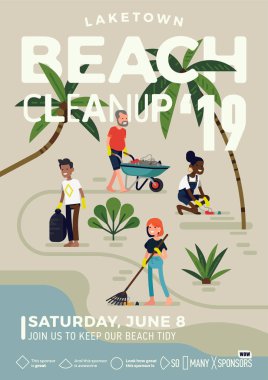 Catchy Beach Cleanup event banner or poster template in trendy flat illustration style. Vector coastal cleanup day layout in standard international paper dimension proportions clipart