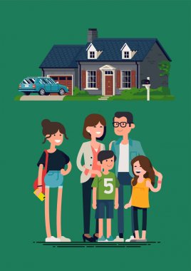 Mutlu bir aile evlerinin önünde duruyor. Üç çocuklu neşeli beyaz ebeveynler ve garaj ve araba ile banliyö evi düz vektör illüstrasyon
