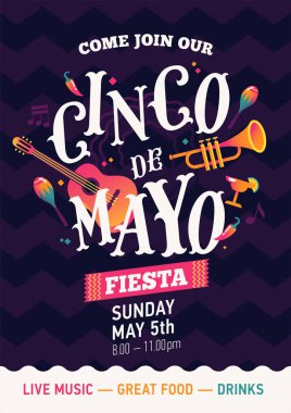 Cinco de Mayo (5 Mayıs) trendy düz tarzı Meksika tatil afiş akılda kalıcı poster vektör şablonu. Renkli Meksika temalı tasarım öğeleri ile Mayıs düzeni Beşinci