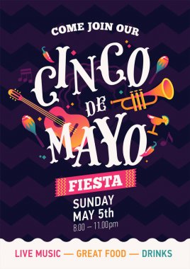 Cinco de Mayo (5 Mayıs) trendy düz tarzı Meksika tatil afiş akılda kalıcı poster vektör şablonu. Renkli Meksika temalı tasarım öğeleri ile Mayıs düzeni Beşinci