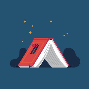 Kitap severler minimal düz tarzı, vektör illüstrasyon temalı. Açık kitaptan yapılmış kamp çadırı ile bookworm ilgili figüratif arka plan