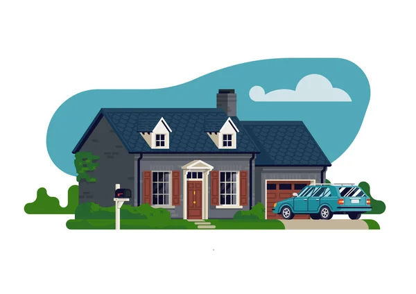 Ilustración Vectorial Plana Casa Unifamiliar Con Garaje Coche Buzón Elemento — Vector de stock