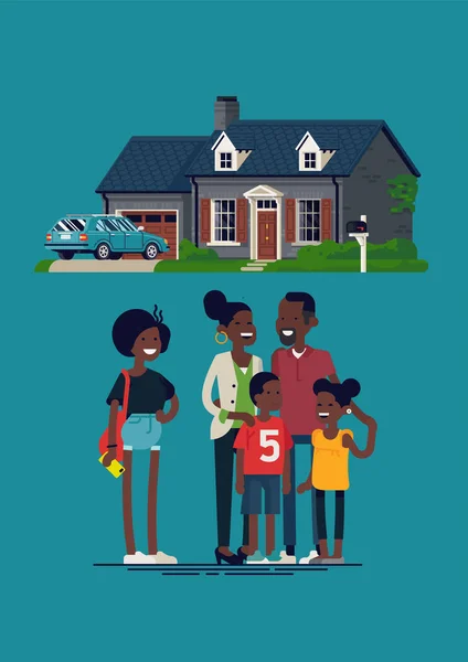 Família Feliz Frente Sua Casa Ilustração Vetorial Plana Pais Africanos — Vetor de Stock