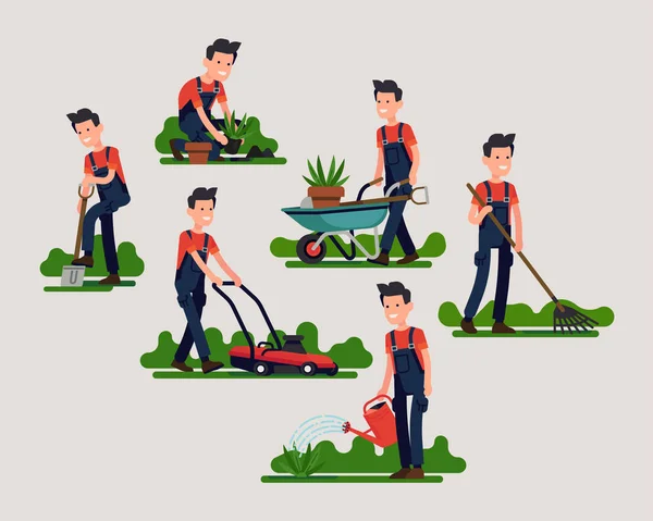 Conjunto Varias Poses Jardinero Actividades Que Ofrecen Siega Excavación Riego — Vector de stock