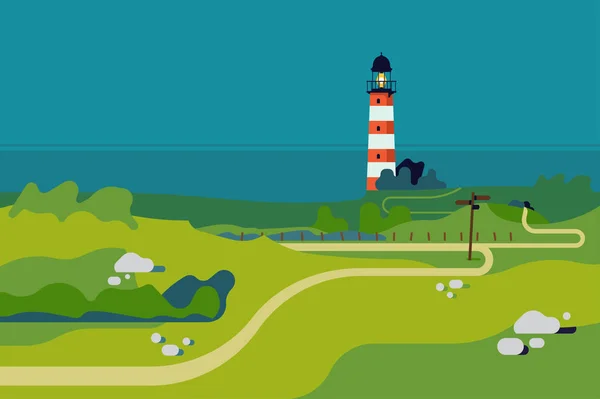 Ocean shore with lighthouse landscape background in trendy flat design. Green meadows scenery with lighthouse and sea in the distance. Ideal as travel, outdoor recreation activities banner