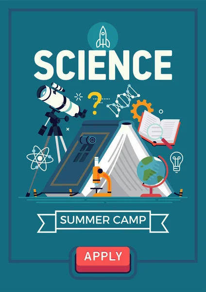 キャンプテントとクールな科学ギア 要素やシンボルの形でオープンブックをフィーチャー子供のためのサマーサイエンスキャンプの創造的なベクターバナーやポスターテンプレート — ストックベクタ