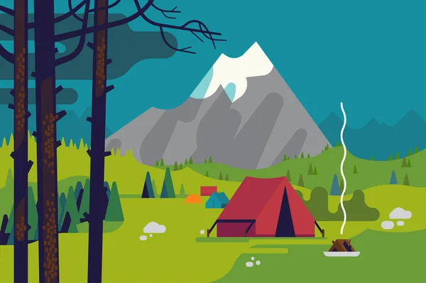 Montaña Camping Paisaje Fondo Con Pinos Tiendas Campaña Valle Pico — Vector de stock