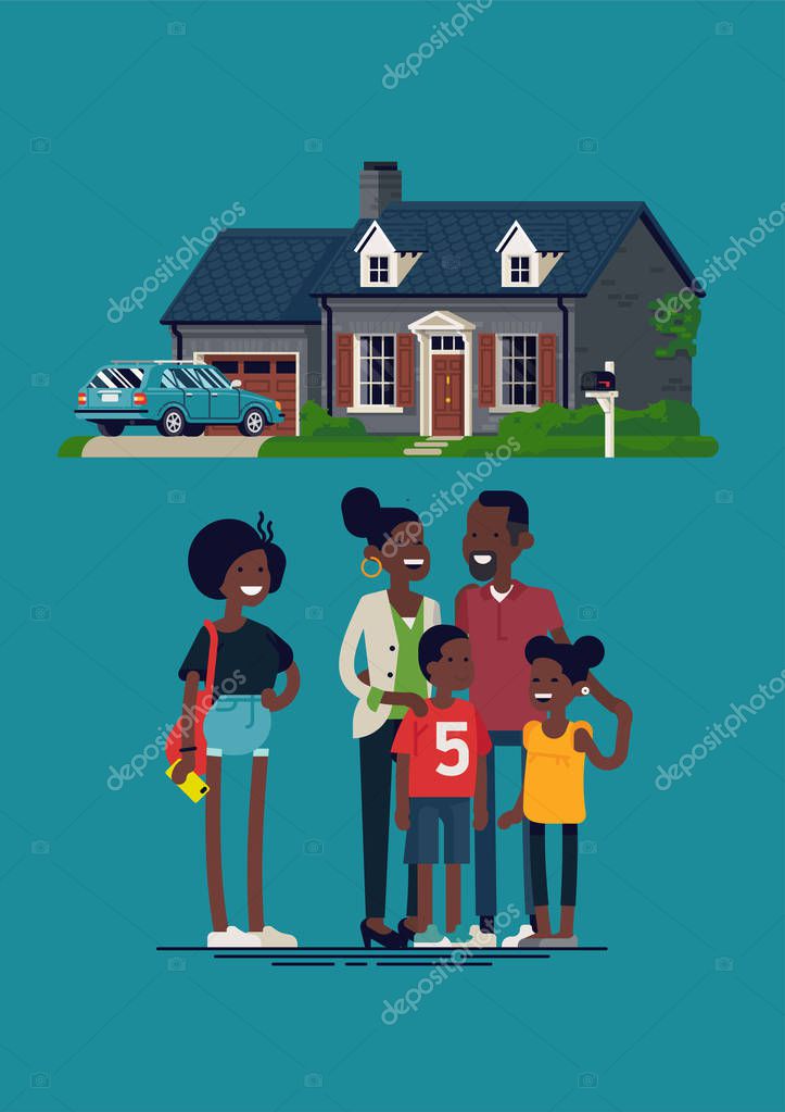 Happy family standing in front of their home. Flat vector illustration on cheerful african parents with three kids and their suburban house with garage and car