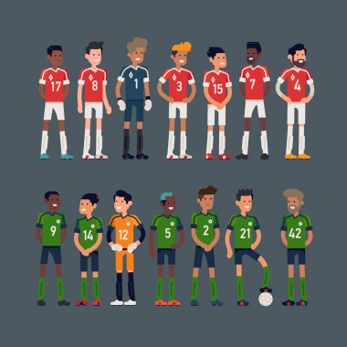 Bir oyun için hazır iki rakip futbol takımları Cool düz karakter tasarımı. Futbol takımı oyuncuları kadro, izole