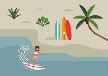 Sahil boyunca sörf tahtası sürme genç yetişkin kadın Trendy düz tarzı illüstrasyon. Soyut plaj, palmiye ağacı, sörf tahtaları ve kadın sörfçü ile Yaz yaşam tarzı minimal arka plan