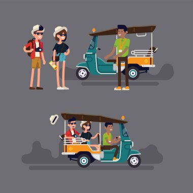 Tuk tuk çekçek sürücü bir yolculuk için turist çift davet ediyor ve onlar zevk. Yerel üç tekerlekli bisiklet çekçek işe büyük bir zaman olan turistler üzerinde Düz vektör illüstrasyon. Seyahat ve turizm deneyimi 