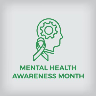 Başlık içeren tek kiloluk düz çizgi tarzı ruh sağlığı farkındalık ay tasarım öğesi, zihin ile soyut kişi yüz profili dişli ve kurdele kenara temsil