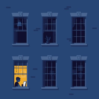 Gece baykuş kişi düz vektör illüstrasyon. Komşular uyurken gece boyunca evde çalışan bir adam. Gece, köşedeki yalnız ışıklı pencereyle pencereleri karartıyor. İşkolik kavram