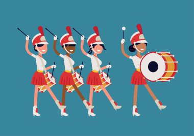 Kızlar band oyası vektör illüstrasyon yürüyüş. Soyut geçit davulcu kızlar davul çalarken boyunca yürüyüş