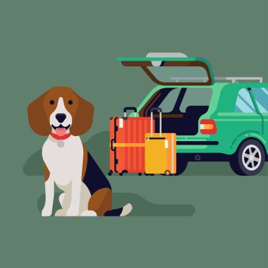 Bavul ve açık araba bagajı önünde oturan beagle köpek ile araba kavramı vektör illüstrasyon ile evcil hayvan ile seyahat. Bir köpek konsepti görsel ile seyahat
