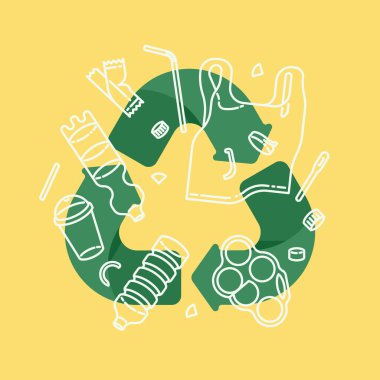 Yeşil oklar ve plastik çöp ile plastik vektör kavramı illüstrasyon geri dönüşüm