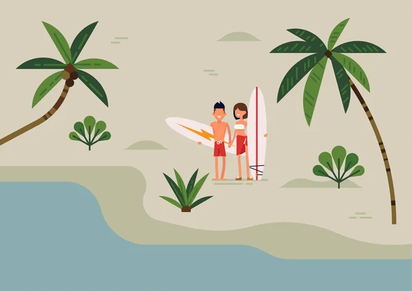 可爱的矢量插图在时髦的平面风格的年轻夫妇冲浪者站在海滩上拿着冲浪板和微笑 冲浪者夫妇准备乘风破浪 海滩生活方式最低背景 — 图库矢量图片