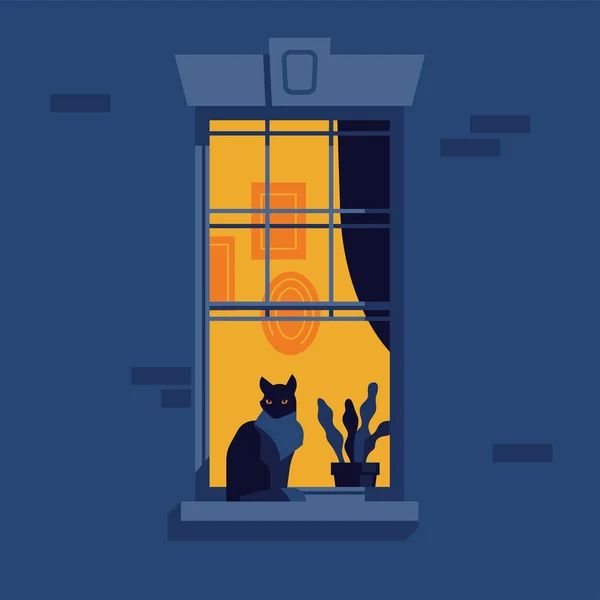 Ilustración Concepto Nocturno Con Ventana Apartamento Urbano Iluminado Una Silueta — Vector de stock