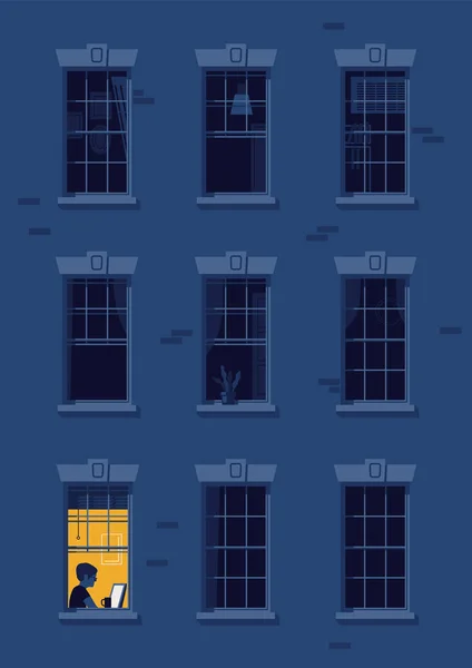夜猫头鹰人平面矢量插图 男人晚上在家工作 而邻居们则睡着了 夜色昏暗的窗户 孤独的窗户在角落里亮起来 工作狂概念 — 图库矢量图片