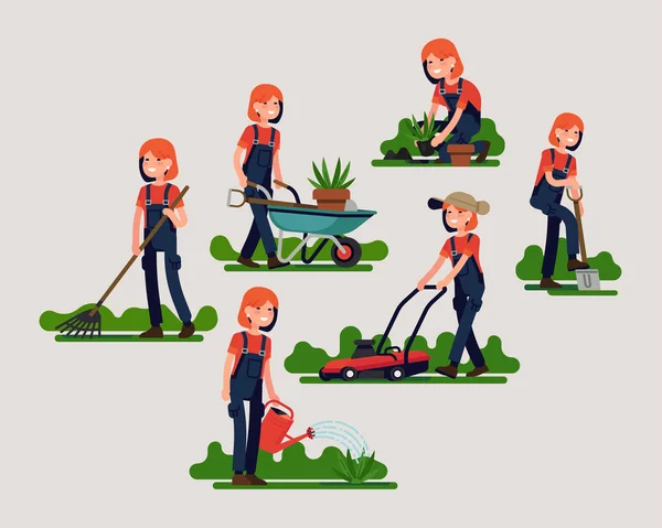 Feminino Jardineiro Poses Atividades Bundle Com Corte Escavação Rega Plantio — Vetor de Stock