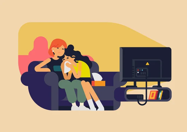 Best Friends Girls Watching Sad Movie Home Female Couple Sitting — Stock Vector