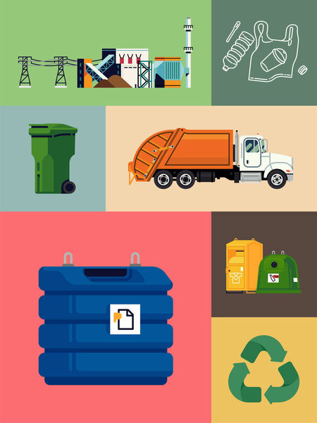 Waste energy, recycling and reducing set of illustrations. Ideal for environment awareness, ecology and eco friendly lifestyle graphic and motion design, social media content