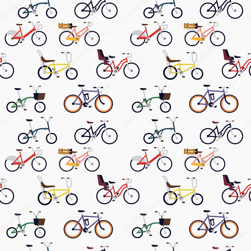 Urban different style bicycles seamless pattern on bright background in trendy flat vector design