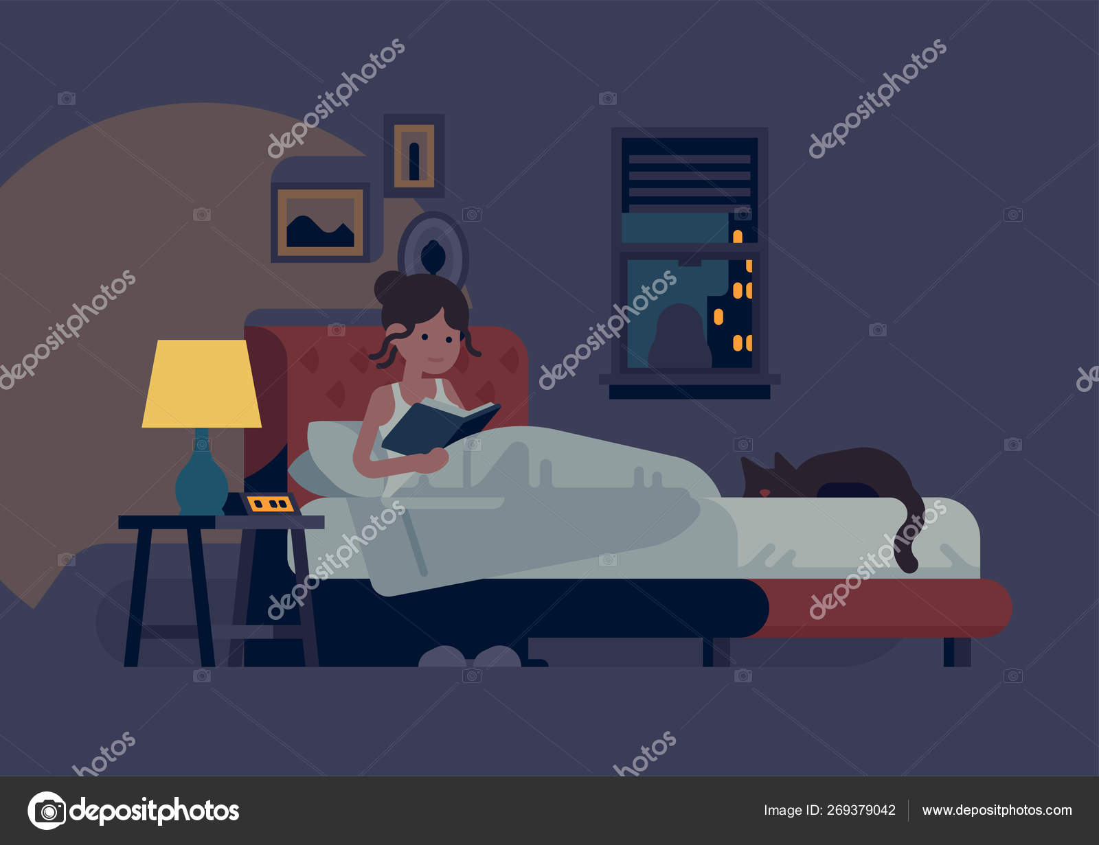 Woman Reading Her Bed She Sleep Bedside Lamp Turned Sleeping