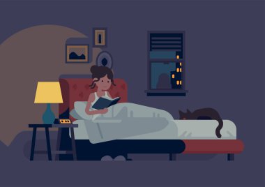 Woman reading in her bed before she go to sleep with bedside lamp turned on and sleeping cat next to her. Flat design vector illustration on reading before bed