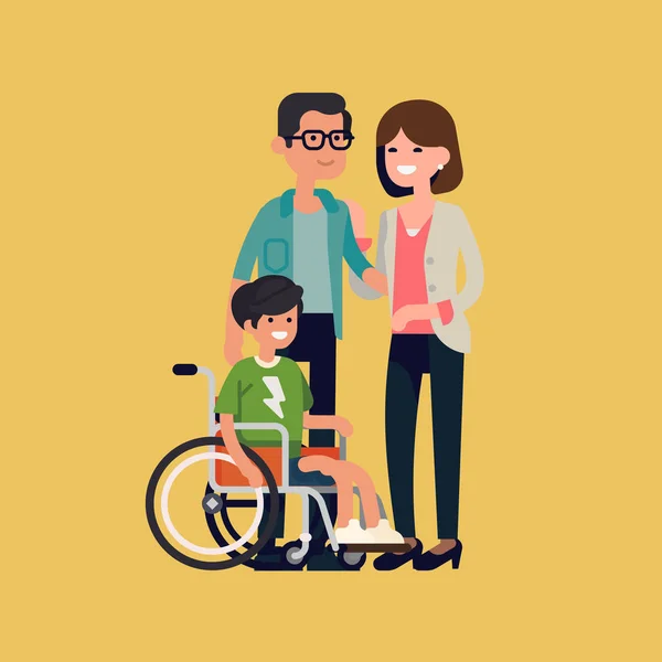 Familia Alegre Con Niño Discapacitado Una Silla Ruedas Ilustración Vectorial — Vector de stock