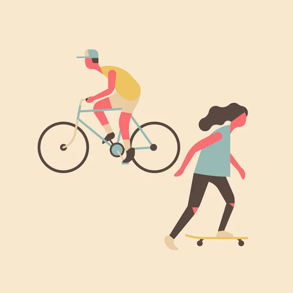 Composición Mínima Personajes Abstractos Montando Bicicleta Patinaje Ciudad Patinador Ciclista — Vector de stock