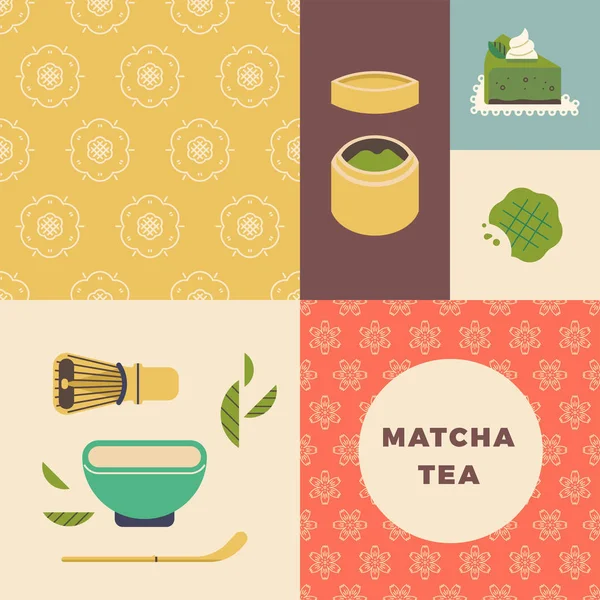 茶会或茶道布局与花卉图案 火柴绿茶项目 火柴为基础的甜点 — 图库矢量图片