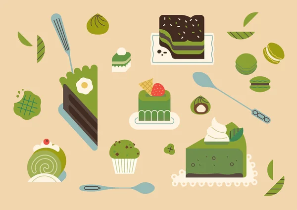 可爱的火柴绿茶为基础的食谱甜点平面设计插图与蛋糕 饼干和其他糖果 — 图库矢量图片