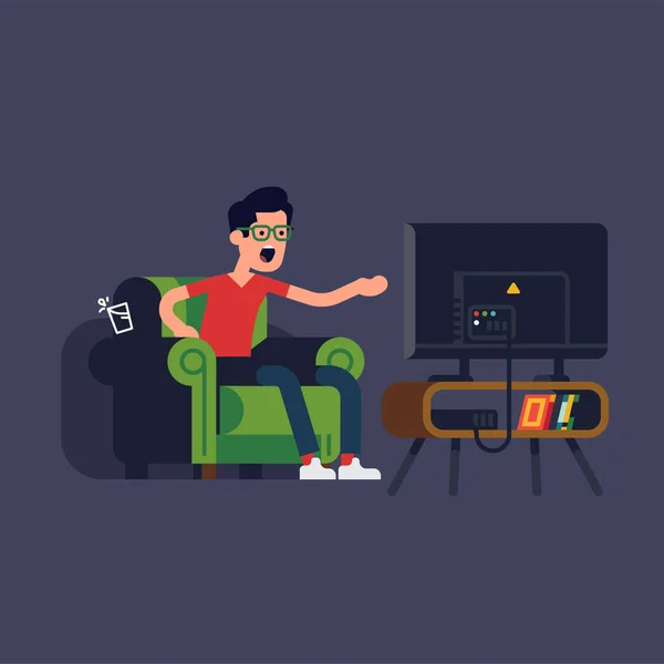 Иллюстрация Плоского Дизайна Человеке Сидящем Кресле Смотрящем Телевизор Кричащий Экрана — стоковый вектор