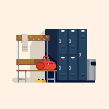 Locker or changing room interior in flat vector design. Gym or fitness center locker room with lockers, bench, hooks, shoes and gym bag isolated vector Locker or changing room interior in flat vector design. Gym or fitness center locker room with lockers, bench, hooks, shoes and gym bag isolated vector