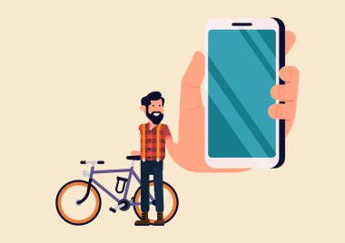 Akıllı telefon ekranyakın çekim gösteren kentsel karakter. Geniş açılı tarzda boş ekranile bisiklet tutan mobil cihaz ile kırmızı damalı gömlek sakallı adam
