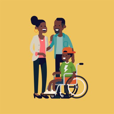 Afrikalı anne ve sınırlı yetenekleri oğlu karakter tasarımı birlikte bir tekerlekli sandalye düz tasarım vektör illüstrasyon engelli çocuk ile Neşeli Afrikalı aile gülümseyen