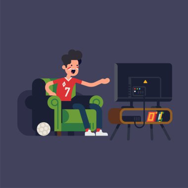 Havalı spor fan karakteri ekranda bağırıyor tv spor izlerken koltukta oturan. Televizyon seti önünde sandalyede Kızgın adam
