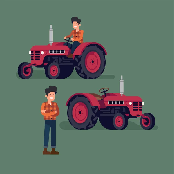 컴팩트 트랙터와 캐릭터 농부가 농기계를 쾌활한 중장비 드라이버 디자인 일러스트 — 스톡 벡터