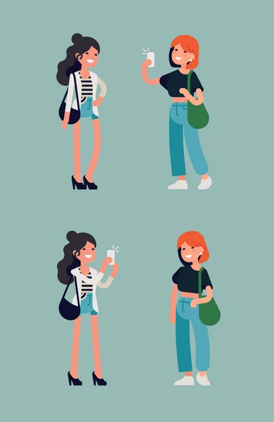 かわいい女の子は 携帯電話でお互いの写真を撮ります 携帯電話のカメラのための楽しいポーズを持つ若い成人女性のフラットなキャラクターデザイン — ストックベクタ