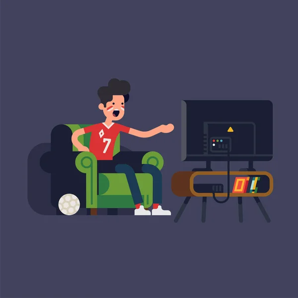 Fan Deportes Fresco Personaje Sentado Sillón Viendo Deportes Televisión Gritando — Archivo Imágenes Vectoriales