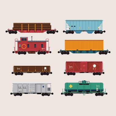 Flatcars, huni, buzdolabı, tank, konteyner, gondol ve caboose dahil düz tasarım yük vagonları paketi