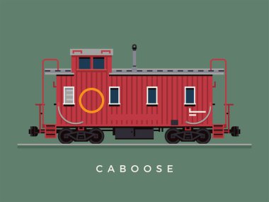Lovely düz tasarım tren ekibi caboose yük arabası illüstrasyon. Ölçek modeli demiryolu özel grafik, hareket ve web tasarımı için idealdir
