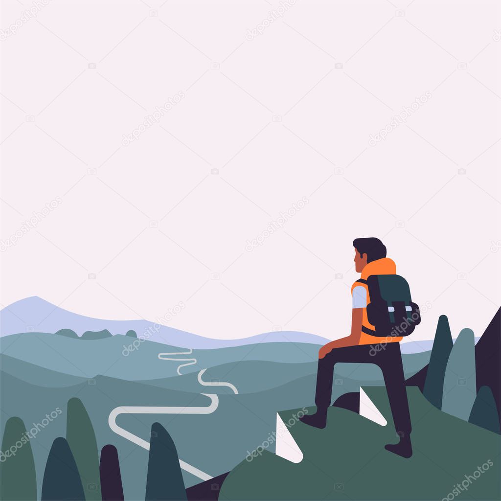 Person standing on verge of mountain observing road ahead vector illustration with copy space