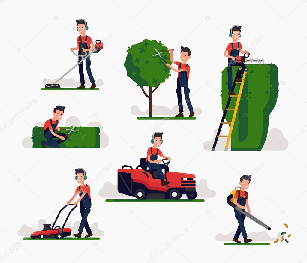 Professional gardener using garden machinery, equipment and tools: mowing, cutting, trimming grass and shrubbery, pruning trees and hedges. Man working in garden poses set