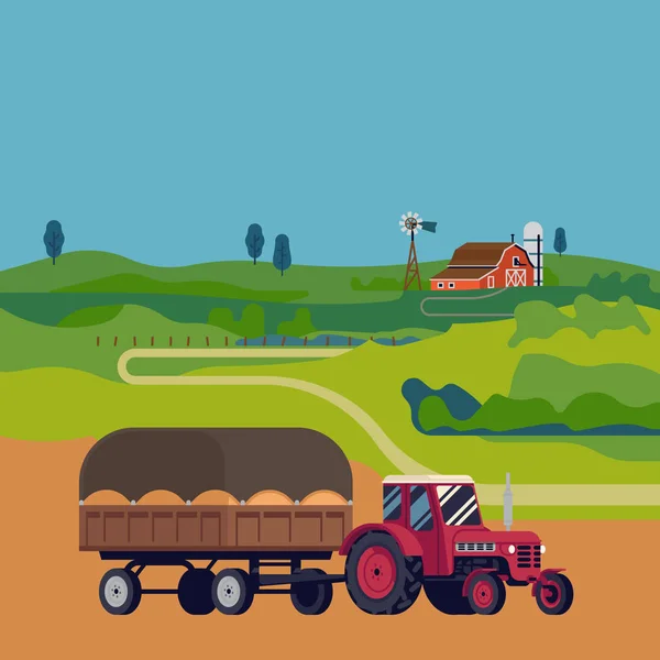 Landschap met Tractor — Stockvector