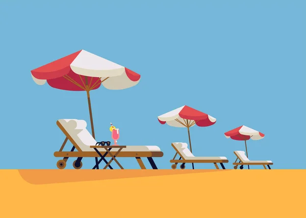 Reihe von Liegestühlen am Wasser mit Sonnenschirmen — Stockvektor
